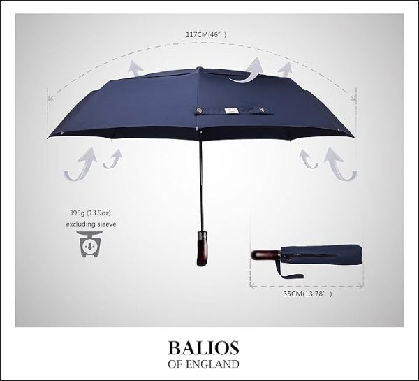 Travel Folding Umbrella with Real Wood Handle Auto Open Close Vented Windproof Canopy - Designed in UK - Image 2