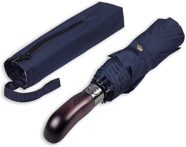 Travel Folding Umbrella with Real Wood Handle Auto Open Close Vented Windproof Canopy - Designed in UK
