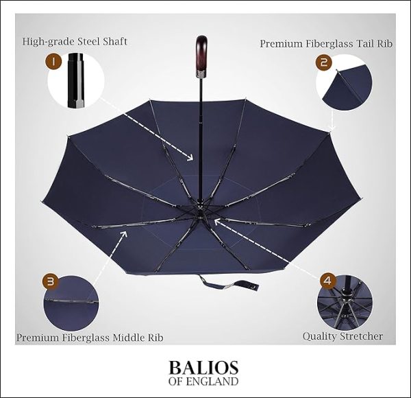 Travel Folding Umbrella with Real Wood Handle Auto Open Close Vented Windproof Canopy - Designed in UK - Image 3